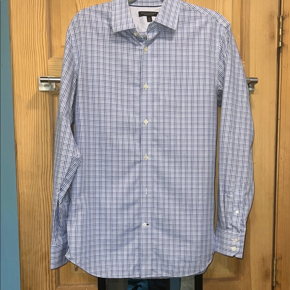 Banana Republic Men's Blue and White Plaid Dress Shirt